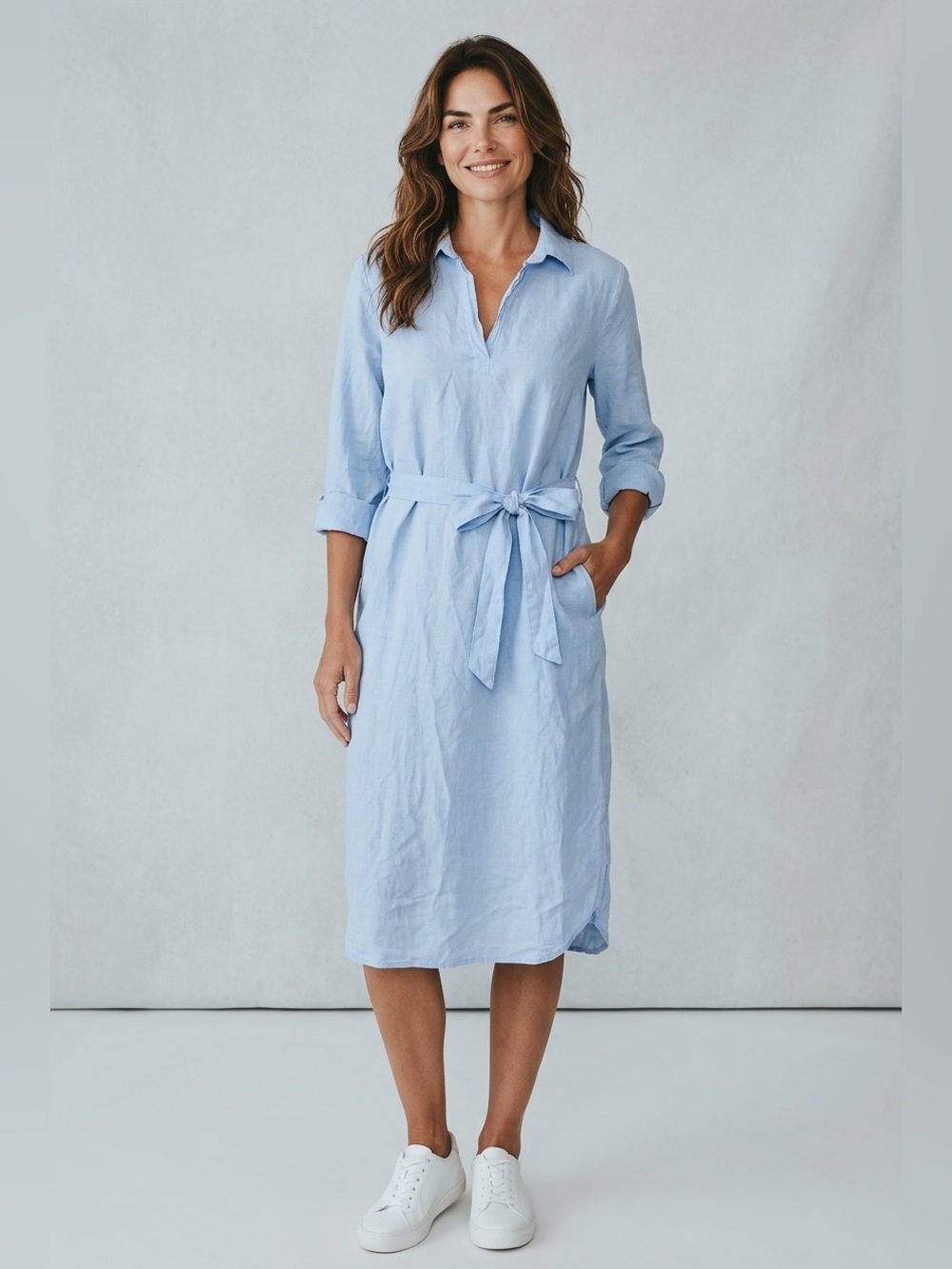 Saks Fifth Avenue Pale Blue Long Sleeve Shirt Dress with Self-Tie Belt